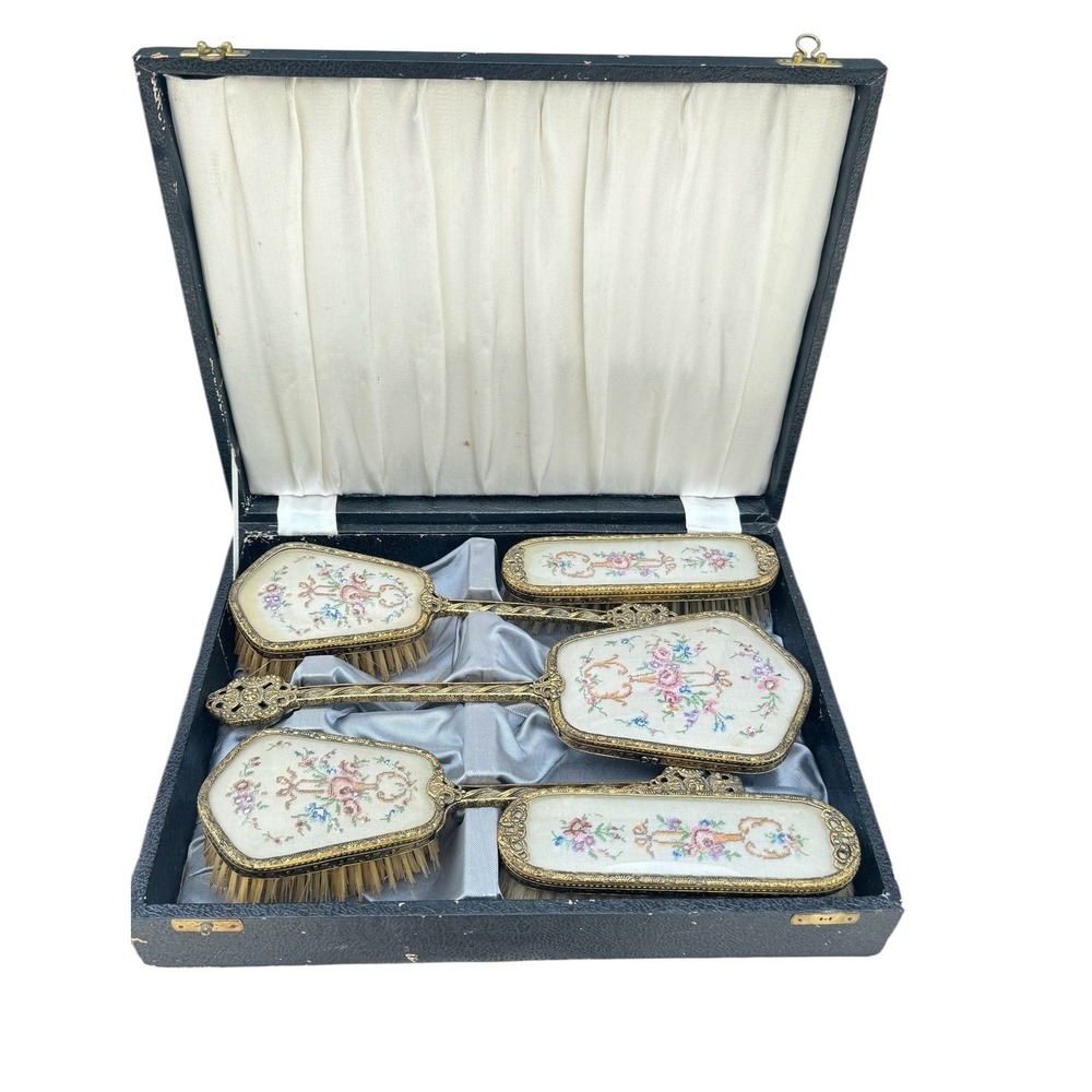 Vintage 5 Piece Petit Point Floral Vanity Brush Gold Tone Filigree Case Rare